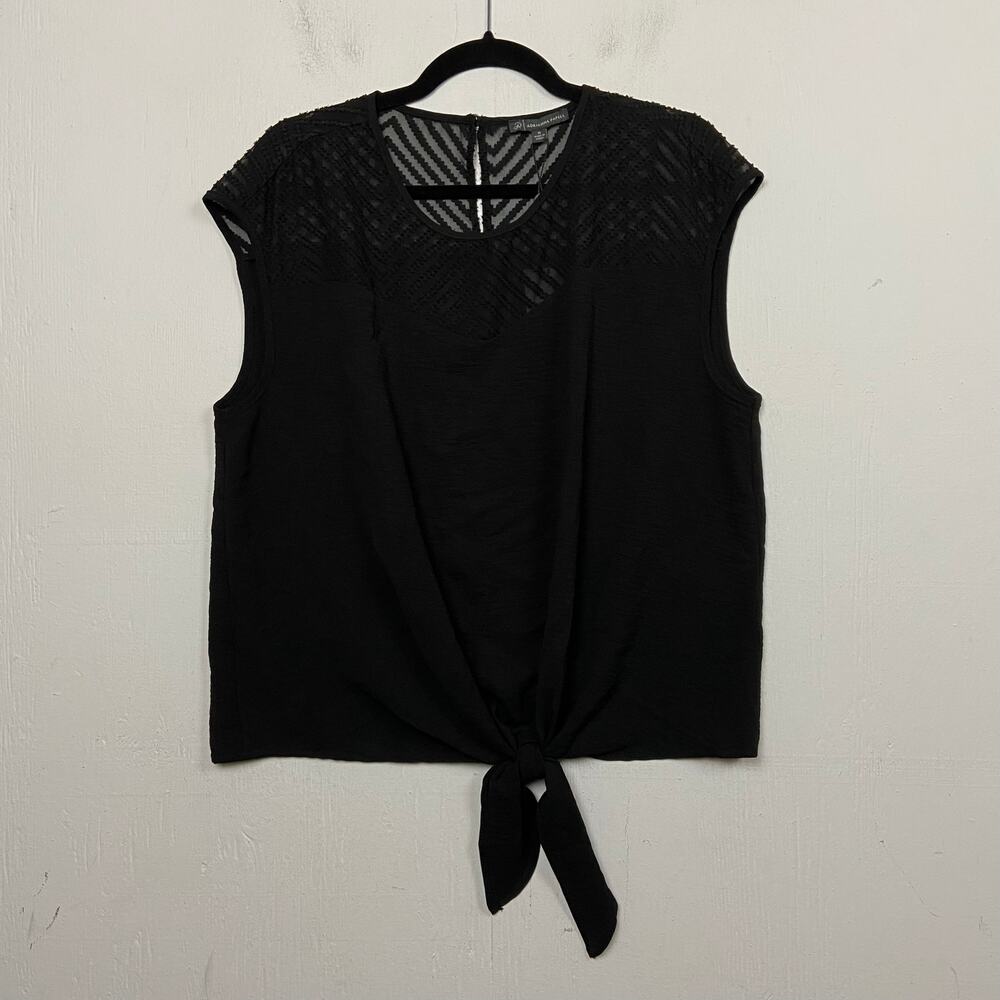 Adrianna Papell Black Crew Neck Airflow Tie Front Blouse Top Size Medium NWT